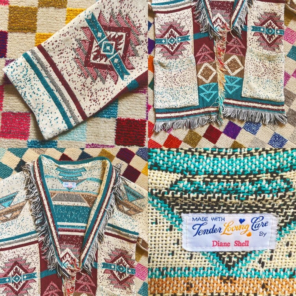 VTG Handmade Southwestern Aztec Native American Blanket Fringe Cardigan / Coat - Picture 11 of 16